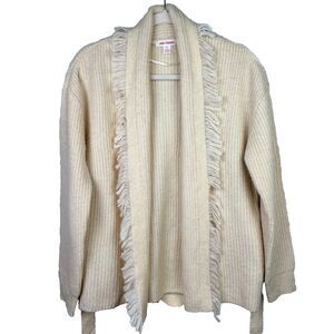 Joe Fresh Cream Open Front Belted Cardigan Sweater Fringe Boho Neutral Knit S